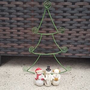 Vtg Hallmark Wire Christmas Tree Ornament Card Display Stand 3 Snowmen Figurine